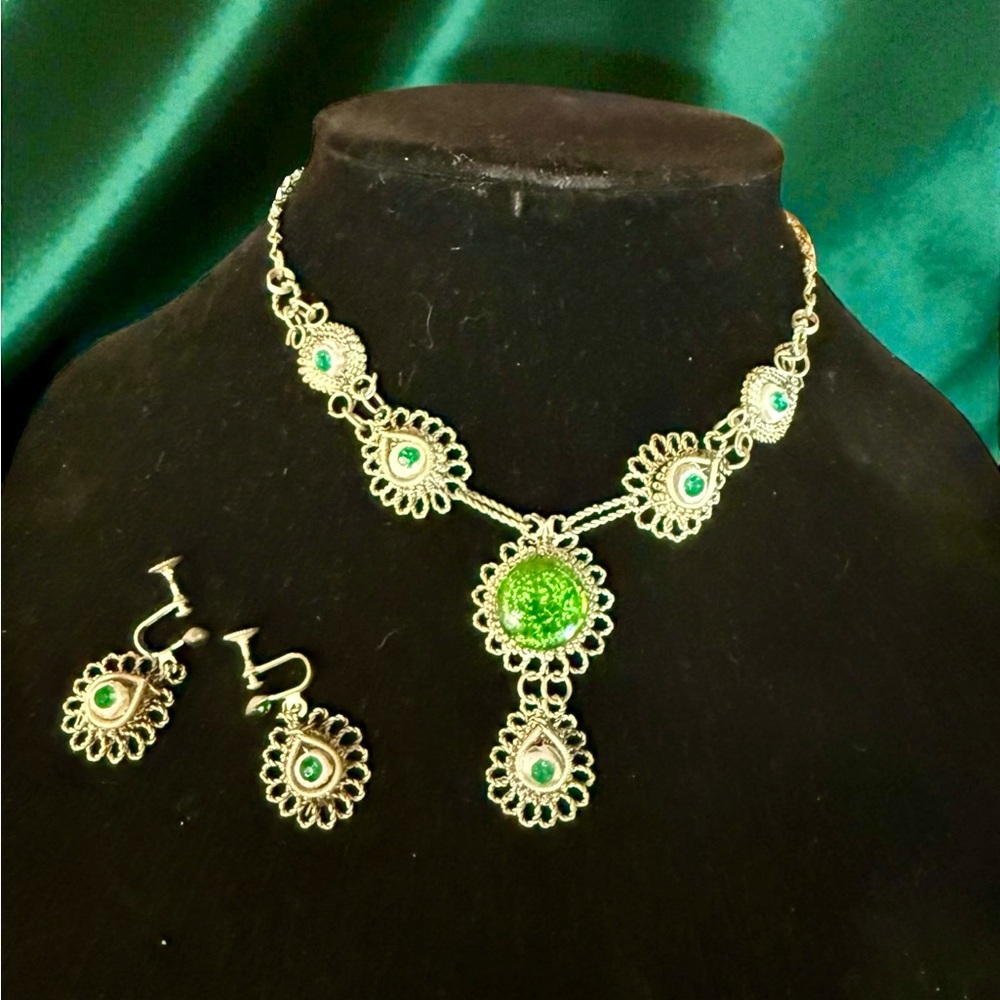 Antique Czech Cannetille Silesian Iron Wirework & Green Glass Demi Parure Set